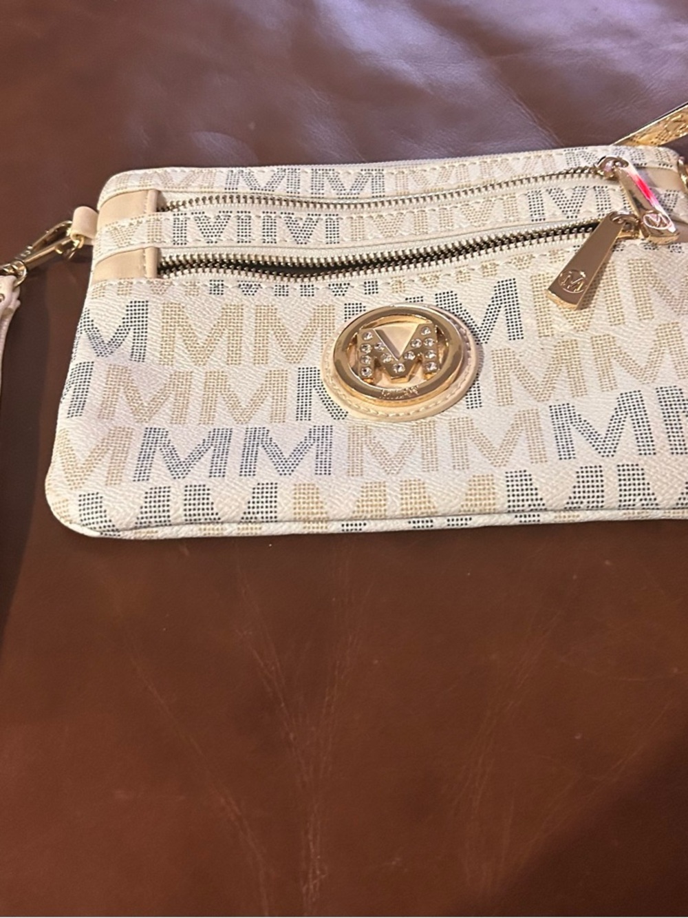 MILAN Inspired Beige Logo Wristlet with Gold Emblem-NEW